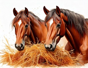 Fototapeta premium Two Brown Horses Grazing on Hay