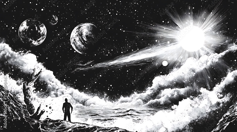 Poster man viewing planets.
