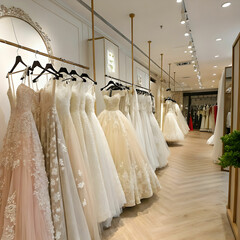 many beautiful wedding dresses hang in the store
