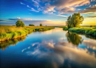 Serene river panorama: calm water, peaceful nature. Wide-angle view captures minimalist landscape beauty.