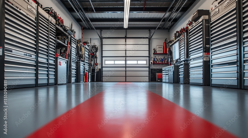 Poster a spacious garage with tool storage and a red floor line for organization.