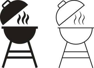 Grill flat and outline icons set. Bbq, sausage symbols, illustration for barbeque card design, poster, holiday template and summer picnic. Sign meat and food vectors isolated on transparent background