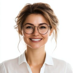 Friendly businesswoman smiling on white.