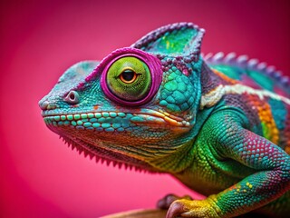 Obraz premium Chameleon Close-up on Pink Background with Copy Space