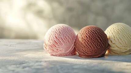 Photorealistic Side View of Three Ice Cream Scoops on a Marble Surface in Soft Natural Light