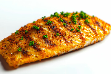 Grilled Fish Fillet with Herbs and Spices on White Background for Culinary Displays and Gourmet Menus