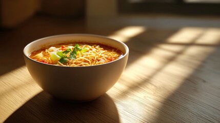 Photorealistic Side View of Delicious Instant Soup with Noodles and Fresh Herbs in Bright Natural Light