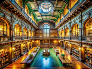 Naklejka premium Soft light bathes an empty, historic library platform; panoramic view of grand architecture.