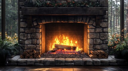 Stone fireplace with burning logs, forest view.