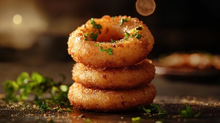 Photorealistic Side View of Medu Vada Stacked with Fresh Herbs and Spices in a Dimly Lit Environment