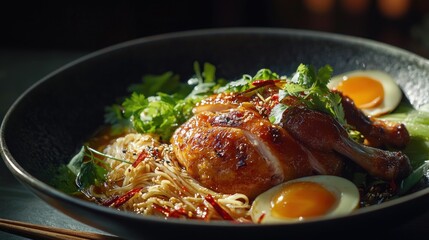 Photorealistic Side View of Mie Ayam with Chicken, Noodles, Soft Eggs, and Fresh Herbs in a Bowl