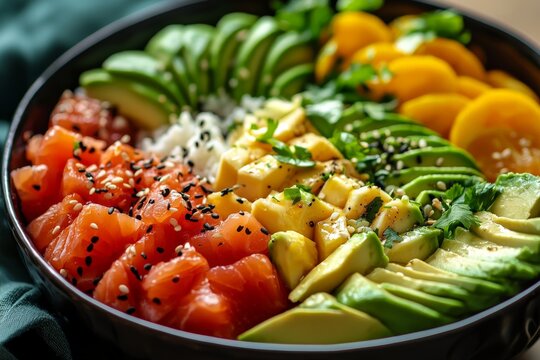 a healthy budah bowl with salmon and avocado