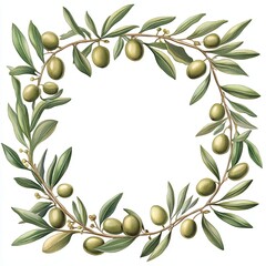 Olive Branch Wreath with Green Leaves, Illustrated wreath of olive branches with green leaves and ripe olives, symbolizing peace, nature, and Mediterranean style.

