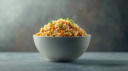 Photorealistic Side View of Freshly Cooked Pilaf in a Bowl with Colorful Vegetables and Herbs