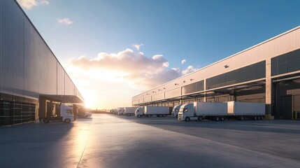 Obraz premium A warehouse exterior shot, showing a large loading dock with several trucks backed up and a clear blue sky overhead 
