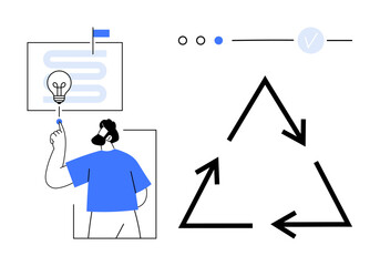 Man with blue shirt points to light bulb concept, representing brainstorming ideas and process. Large triangular recycle arrows imply sustainability. Ideal for creativity, innovation, education