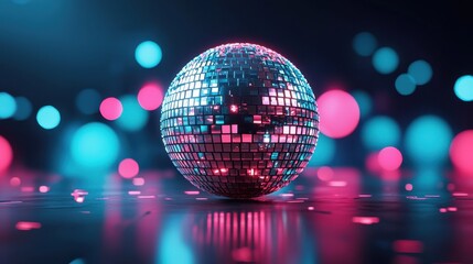 A dazzling disco ball reflects vibrant colors in a dark ambiance, creating a lively party atmosphere with shimmering lights.