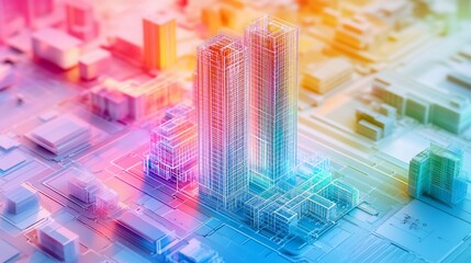 Obraz premium A vibrant digital model of urban skyscrapers and city structures.