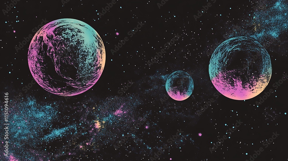 Poster three colorful planets in space.