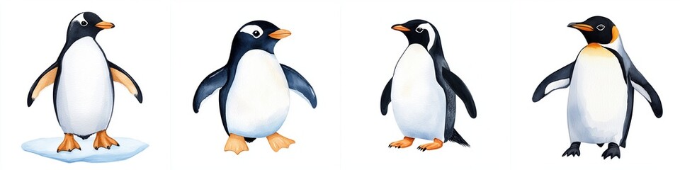 Fototapeta premium wildlife impact harmony concept. Four cartoon penguins in various poses, showcasing their distinct black and white feathers, orange beaks, and playful demeanor.