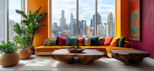 A vibrant modern living room with a city view, featuring colorful cushions and plants.