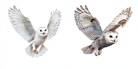 Obraz premium wildlife impact harmony concept. Two barn owls in flight, showcasing their distinctive plumage and wingspan, symbolizing grace and nocturnal beauty.