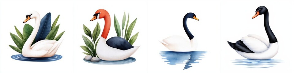 wildlife impact harmony concept. Four elegant swans in different poses, showcasing their graceful forms and colors against a serene backdrop of plants and water.