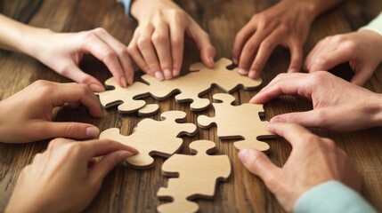 Diverse Hands Collaboratively Assembling Wooden Puzzle Pieces
