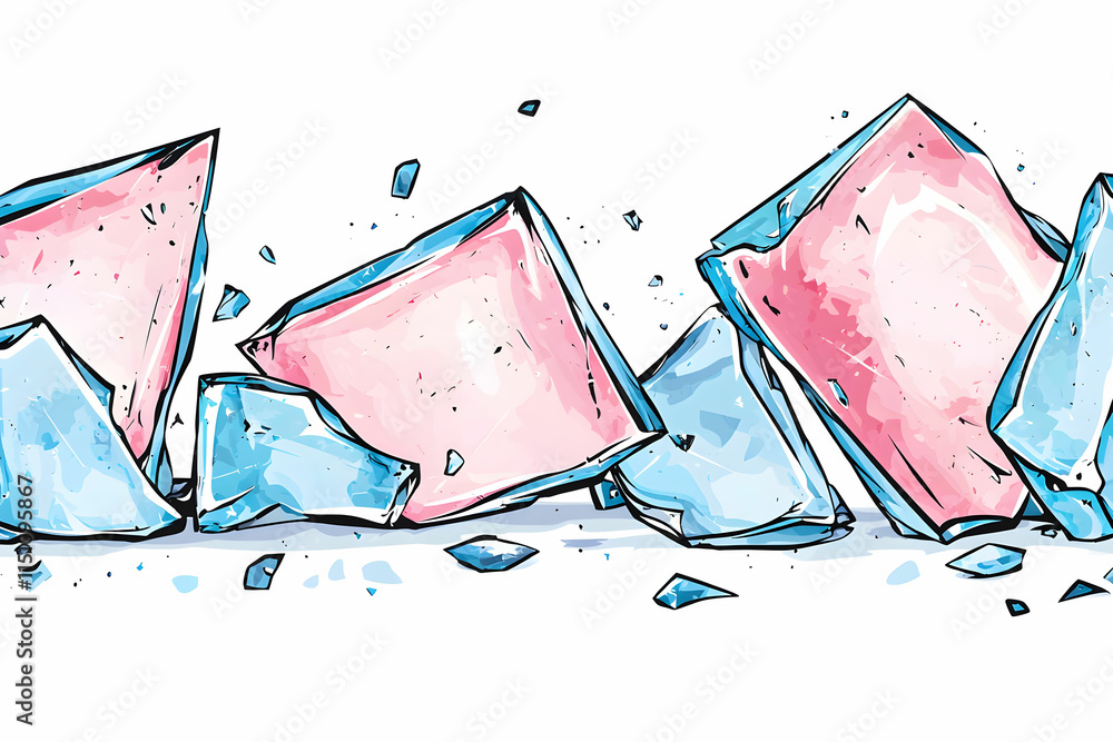 Poster colorful broken ice cubes in creative style with splattered shards and fragments on white background