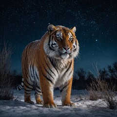 Obraz premium A fluffy tiger with glowing, striped fur prowling beneath a starry winter sky.