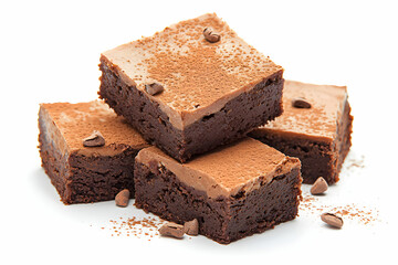 Deliciously Decadent Chocolate Brownies Stacked with Cocoa Powder and Chocolate Chips on a White Background