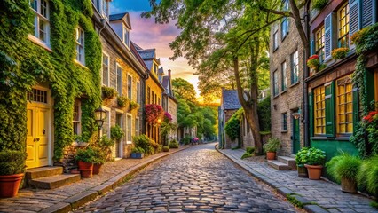 Fototapeta premium Cobblestone Street, Quaint Town, Historic Buildings, Lush Trees, Architectural Photography