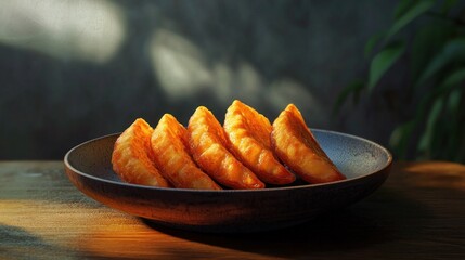 Photorealistic Side View of Tteok Kkoci on a Ceramic Plate with Natural Lighting and Shadow Play