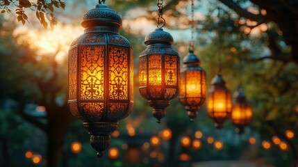 Fototapeta premium Ornate Lanterns Hanging Outdoors at Sunset