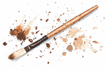Fototapeta premium Artistic Paint Brush with Splashes of Brown and Beige Paint on White Background