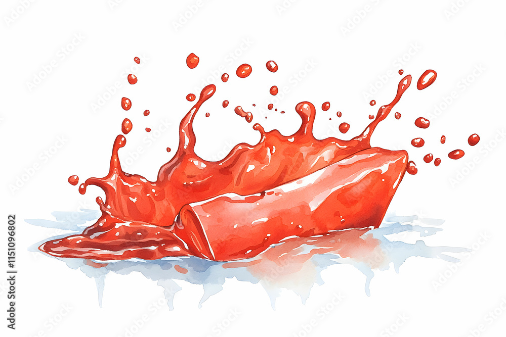 Poster vibrant splash of red liquid on a white surface with dynamic droplets and fluid motion effect