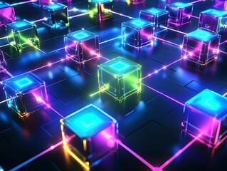 An abstract representation of blockchain technology with interconnected blocks glowing in vibrant colors set against a dark background