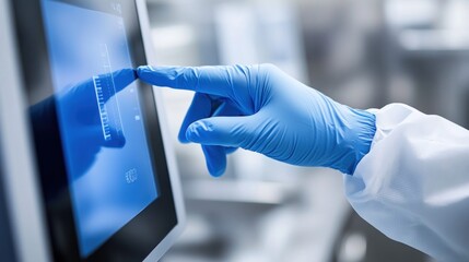 Gloved Hand Touching Touchscreen Display in Laboratory Environment for Scientific Research and Technology Use