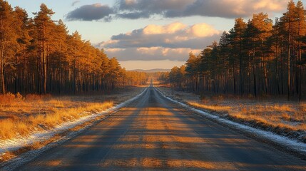 Asphalt road through autumn forest at sunset.