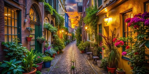 Fototapeta premium Colorful Alleyway, Hanging Plants, Low Light, AI Photo, Narrow Street