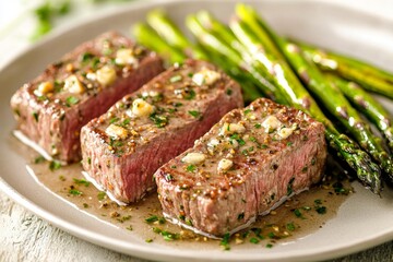 Gourmet Steak Platter with Roasted Asparagus and Garlic Butter Sauce