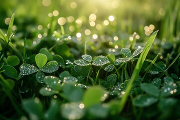 Close-up of a vibrant patch of clover with dew drops, Earth Day morning freshness, detailed textures, natural light. 