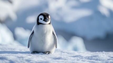 Obraz premium cute penguin chick standing on snow in a cold environment