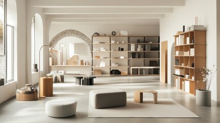 A warehouse with creative storage solutions like modular shelves and mobile storage units, clean and minimal design