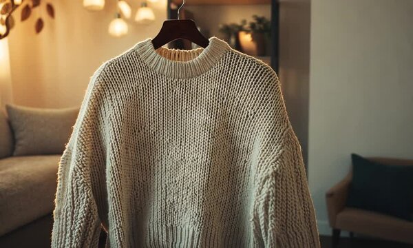 Cozy cream knitted sweater hanging on a wooden hanger indoors.