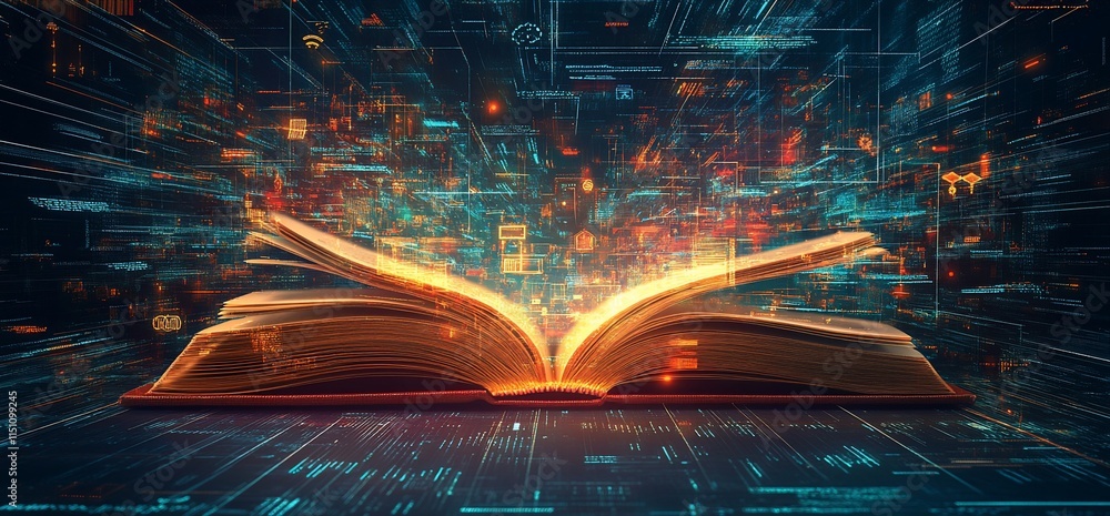 Aufkleber an open book emits digital data streams, symbolizing knowledge and technology.
