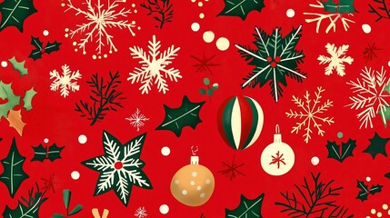 Christmas pattern on gift wrapping paper with Christmas patterns in bright red and green tones. This pattern consists of classic Christmas elements such as snowflakes, holly leaves.