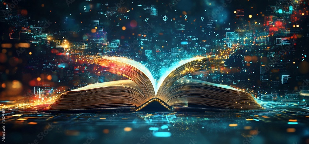 Aufkleber an open book emits colorful digital data, symbolizing knowledge and technology.