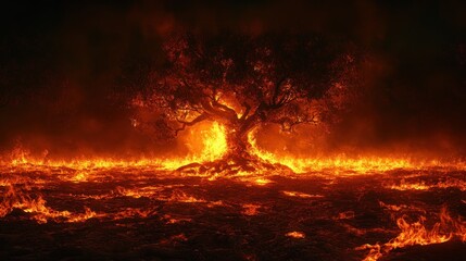 Burning tree engulfed in flames.
