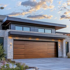 Stylish modern garage door with a seamless wood-grain design and steel accents.